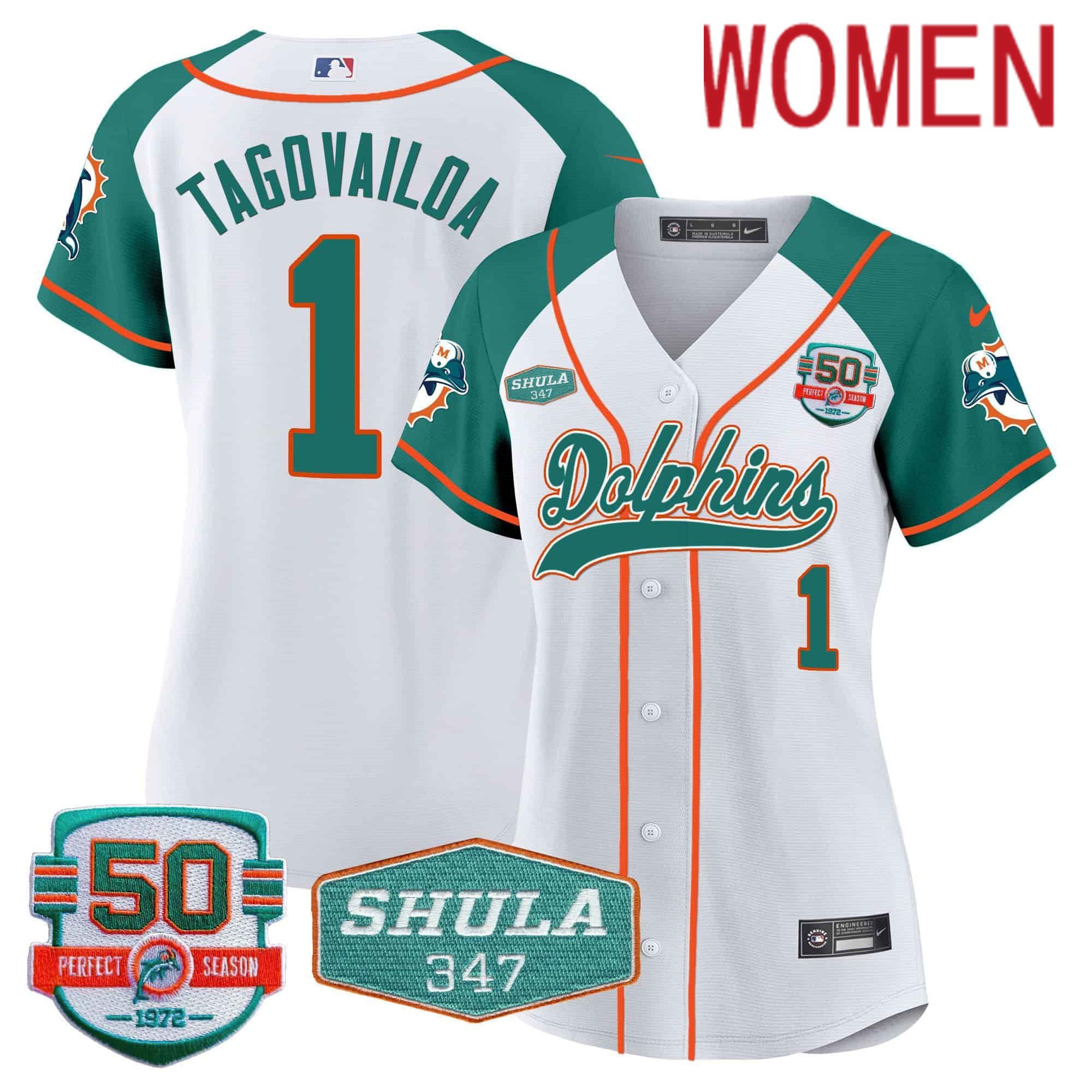 Women Miami Dolphins #1 Tagovailoa White 2024 Nike 50th Don Shula Memorial Patch Baseball NFL Jersey style 1